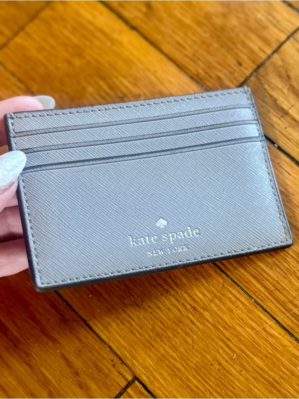 kate spade Gray Saffiano Leather Card Case with Gold Logo